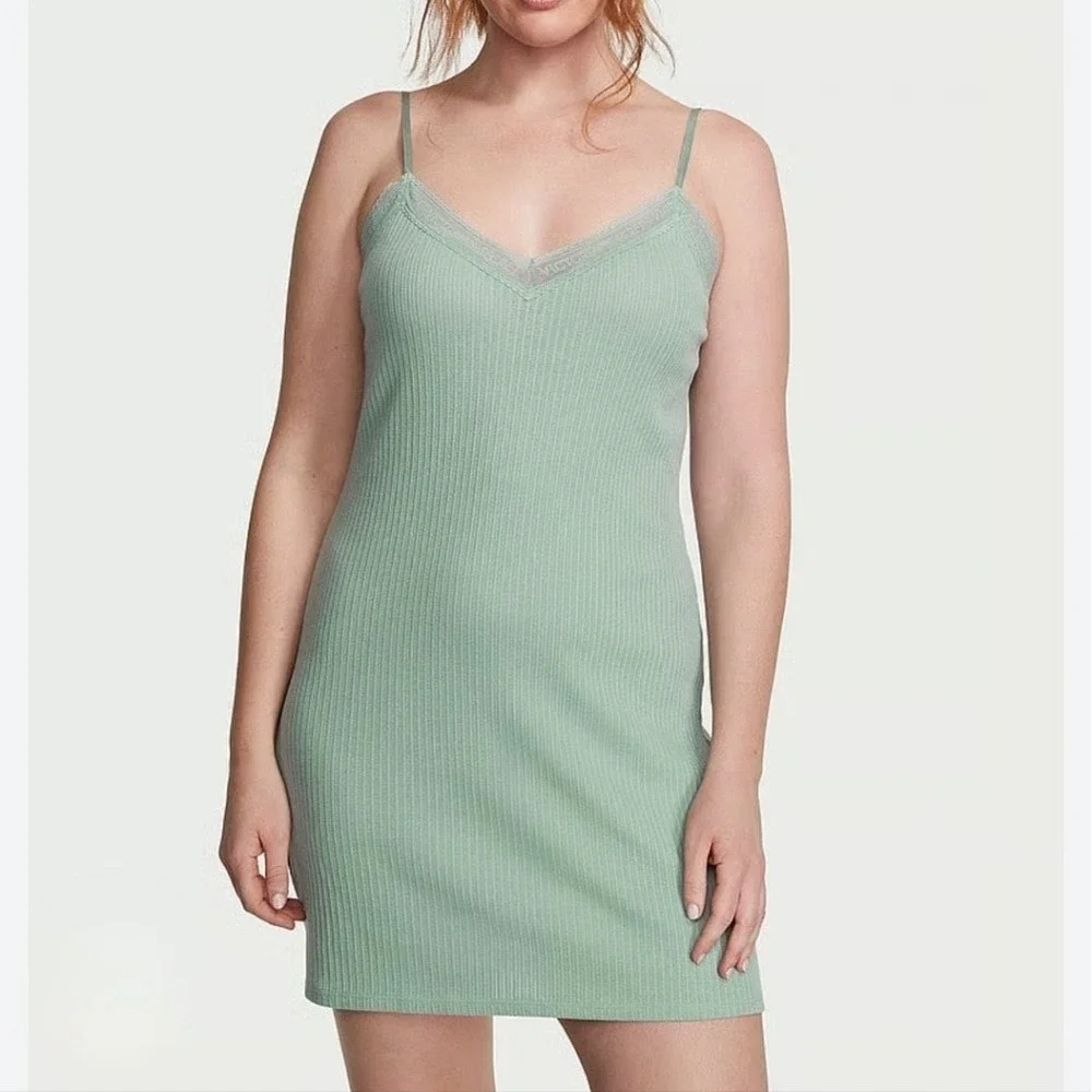Victoria's Secret Light Sea Green Ribbed Lace Tank Top Sleepwear Nightgown Dress